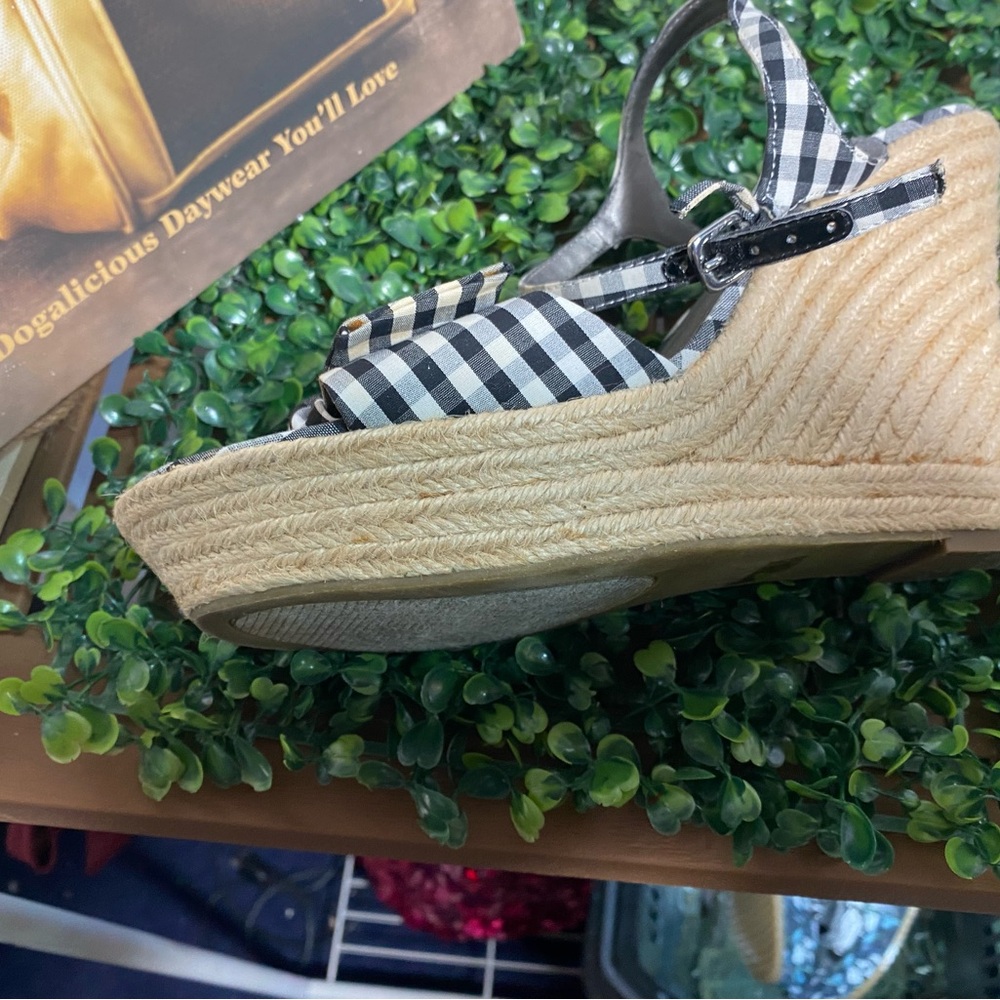 G by Guess Black and White Gingham Knot Espadrille Wedge Sandals - Picture 8 of 10